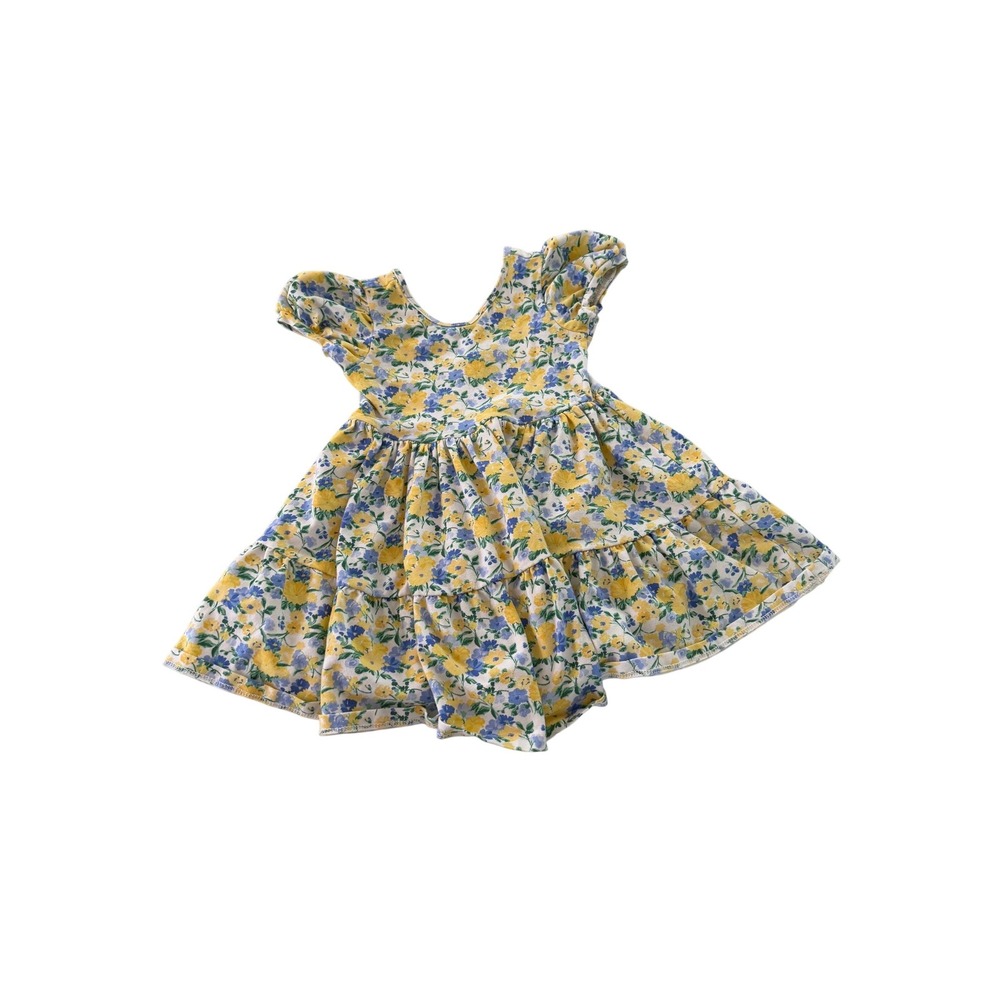 Janie and Jack Girls Floral Tiered Dress Yellow Blue Puff Sleeve Size 3 Toddler